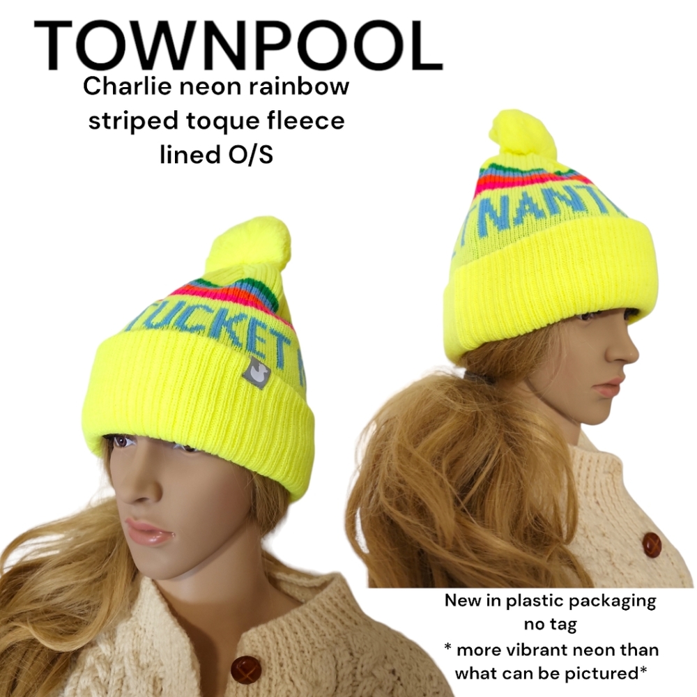 TownPool Charlie Nantucket bright neon yellow rainbow striped toque fleece lined